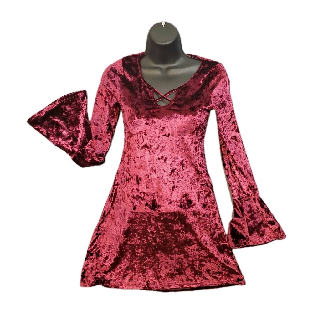 Hollister Crushed Velvet XS Bell Sleeve Dress Whimsigoth Grunge Dark Romantic